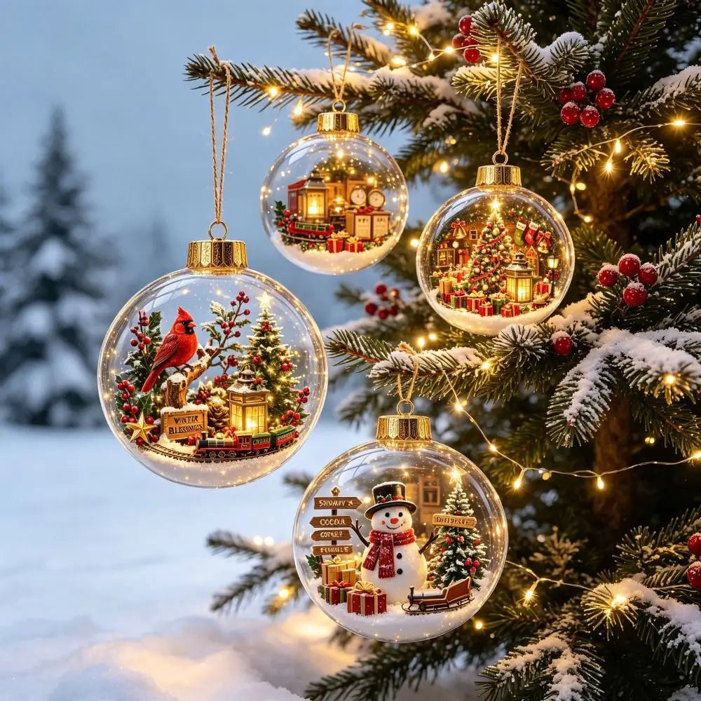Acrylic Material Christmas Ball Ornament Transparent Design 8CM Size Santa Claus Pendant with Light Holiday Tree Pendant