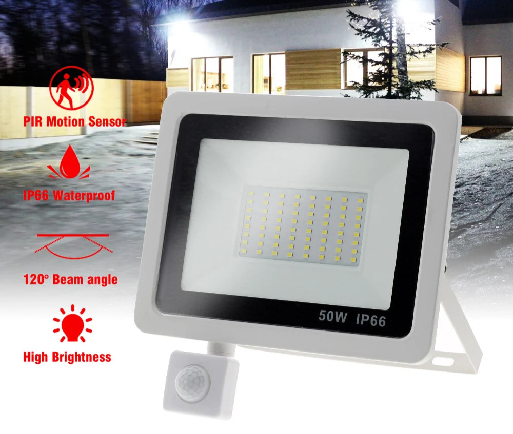 PIR Motion Sensor LED Floodlight 10W 20W 30W 50W LED Flood Light 220V IP66 Waterproof Outdoor Wall Garden Spotlight Street Light