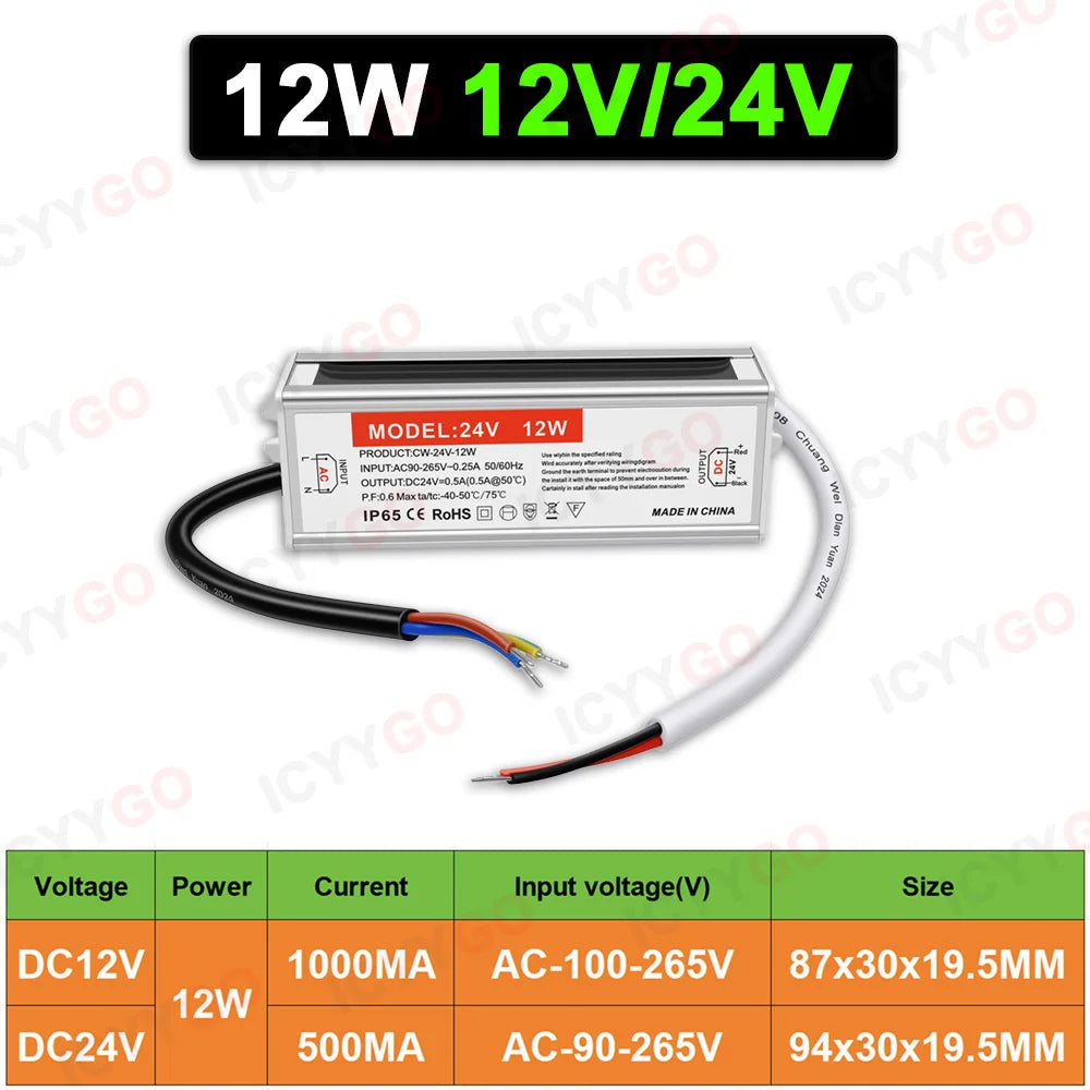 12W 24W 36W 60W IP68 Waterproof Power Supply Transformer For Outdoor Lighting, AC90-265V to 12V/24V Waterproof LED Driver