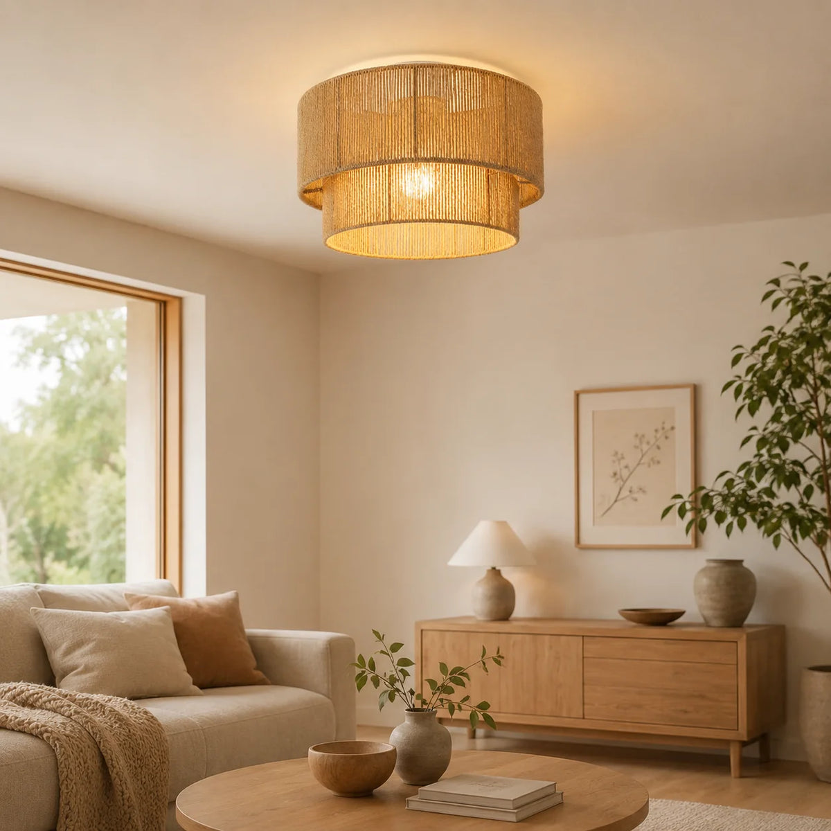 45CM Boho Rattan Semi Flush Mount Ceiling Light - Farmhouse Woven Hemp Rope E27 Lamp for Dining Room, Bedroom & Kitchen