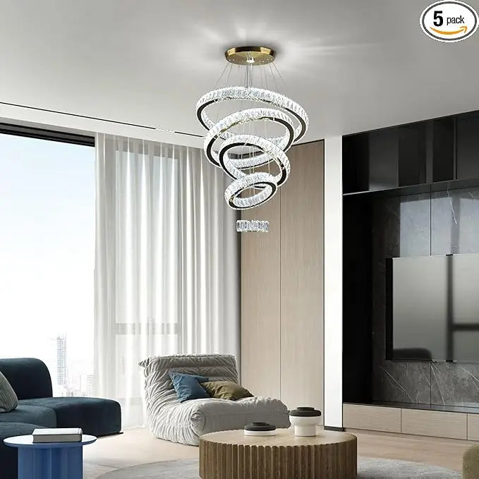LED Crystal Chandeliers, Modern 5 Rings Pendant Light Titanium Gold Stainless Steel Height Adjustable Ceiling Light for Be