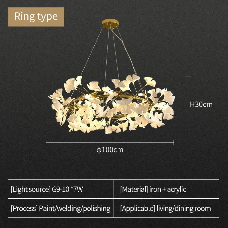 Nordic Ginkgo Leaf LED Chandelier - Modern Round Interior Hanging Light