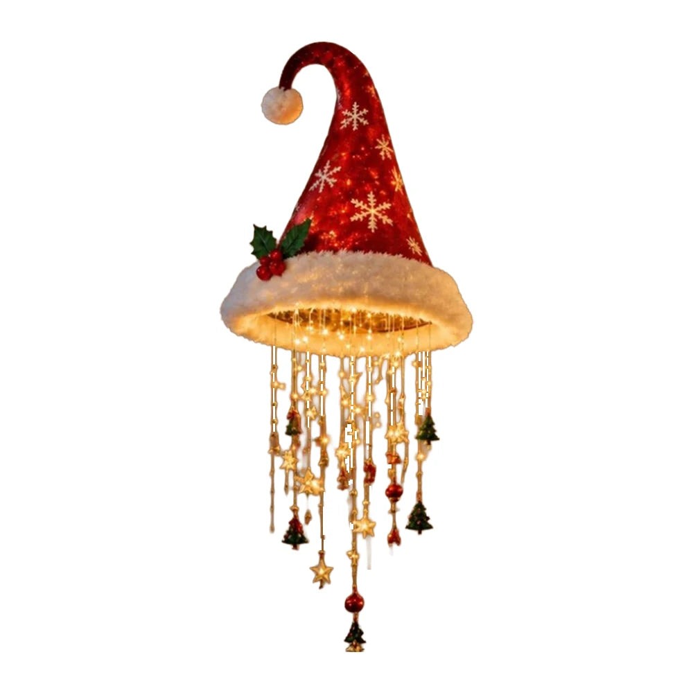 LED Santa Hat Hanging Light Christmas Pendant Lamp with Tassel Bell Star Ornaments Xmas Holiday Party Home Wall Ceiling Decor