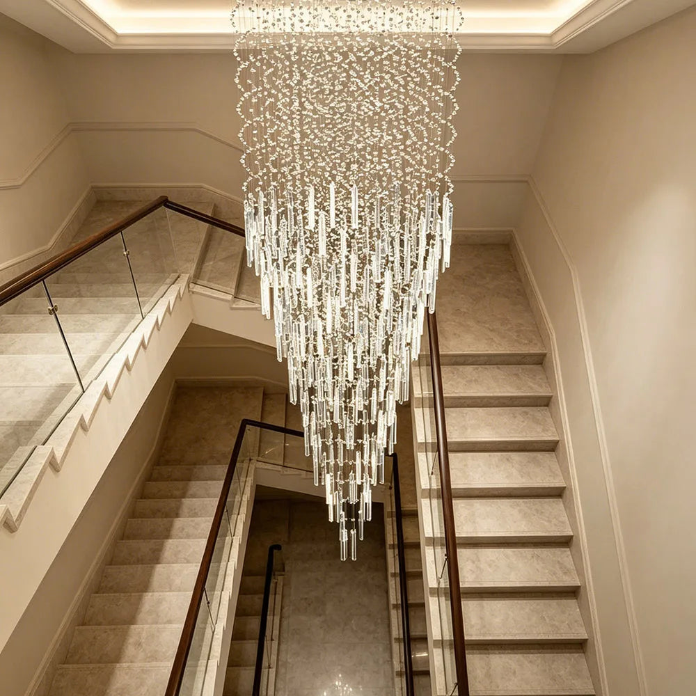 Modern Long Crystal Chandelier For High Ceiling Villa Staircase LED Raindrop Hanging Light Duplex Loft Foyer Ceiling Lamp