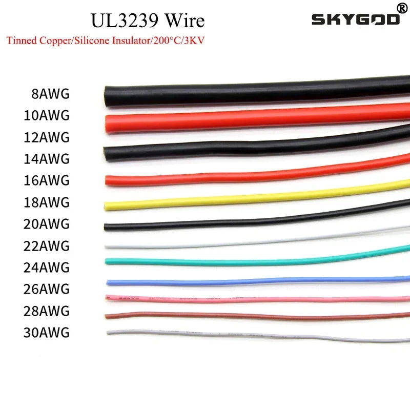 1/10M 14/16/18/20/22/24/26/28/30AWG UL3239 3KV Silicone Wire Insulated Tinned Copper Electrical Cable 3000V