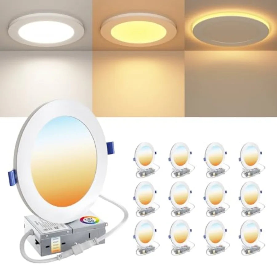 12-Pack LED Recessed Dimmable Downlights - 9W Ultra-Thin Canless Wafer