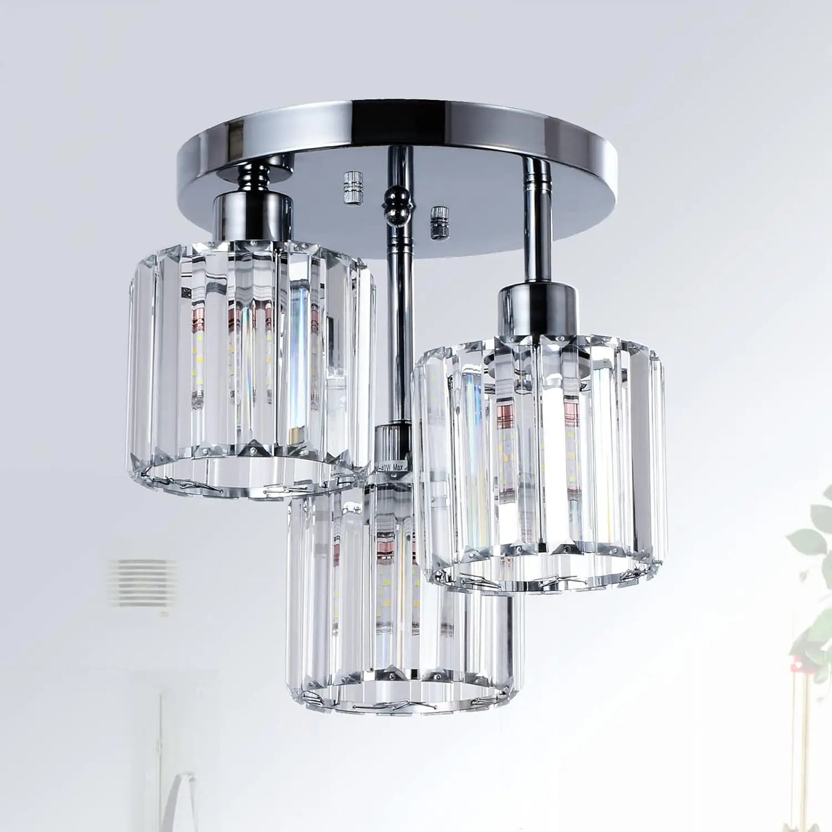 Modern Semi Flush Mount Ceiling Light, 3-Light Crystal Gold Close to Ceiling Fixture, Clear Crystal Shade for Kitchen Hallway Ba