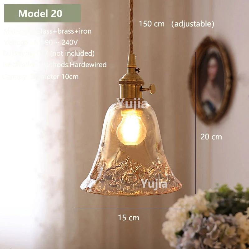 Vintage Amber Glass Pendant Light - Retro Brass Adjustable Hanging Hanging Lamp
