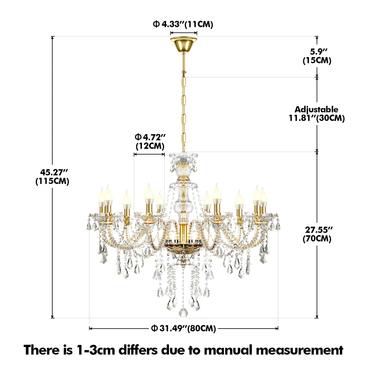 10Arms K9 Crystal Chandelier Adjustable Chain Ceiling Pendant Lamp Modern Lighting For Living Room Bedroom Hall Home Decor