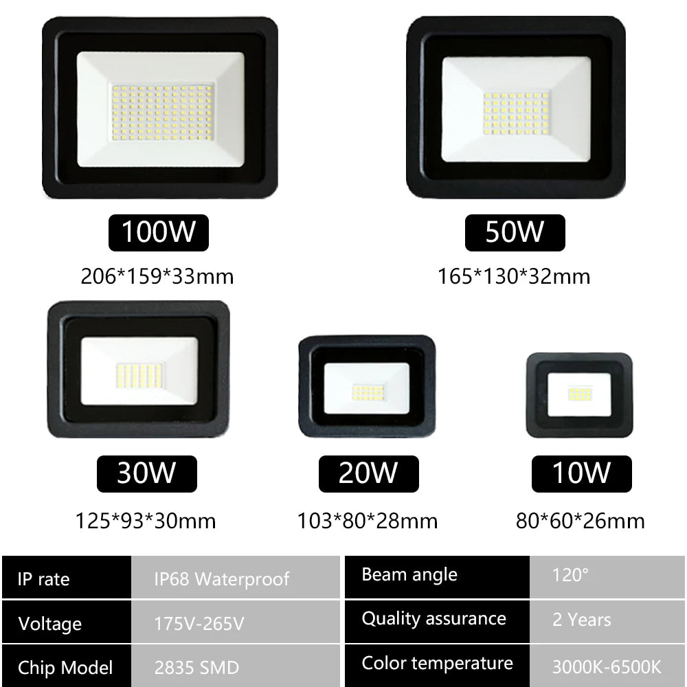 IP68 Waterproof LED Flood Light AC220V (10W–100W) - Heavy-Duty Outdoor Garden Projector Spotlight & Wall Light