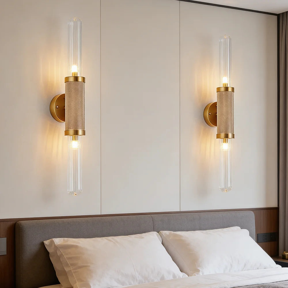 Modern Gold Wall Sconce 2-Light Ribbed Glass Wall Lamp for Bedroom Living Room