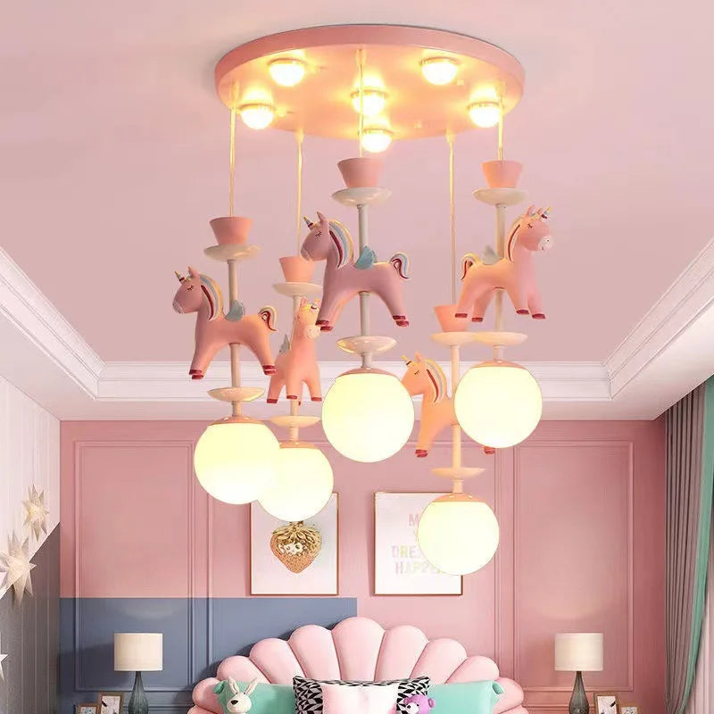 Children's Room Bedroom Pendant Light Eye Protection Cartoon LED Carousel Creative Pink Decoration Room Pendant Light
