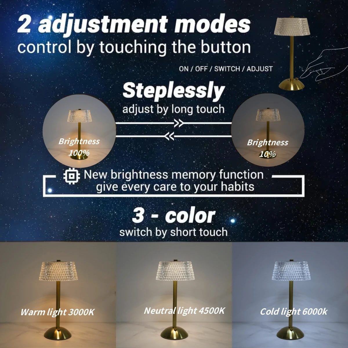 Modern minimalist crystal bedside lamp, touch control adjustable brightness night light, suitable for multiple room ambiance.