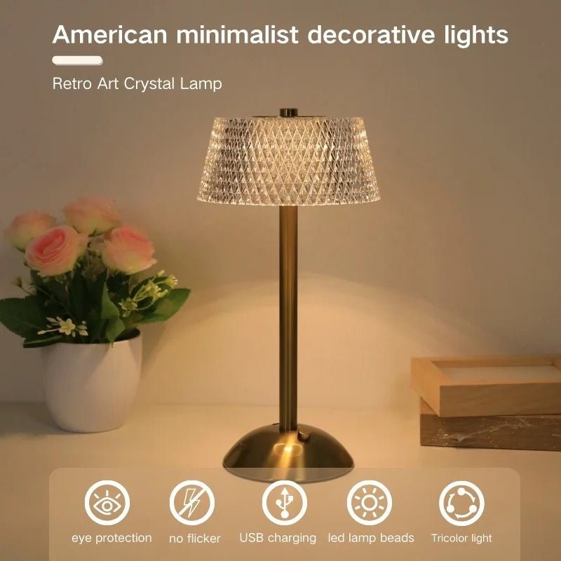 Modern minimalist crystal bedside lamp, touch control adjustable brightness night light, suitable for multiple room ambiance.