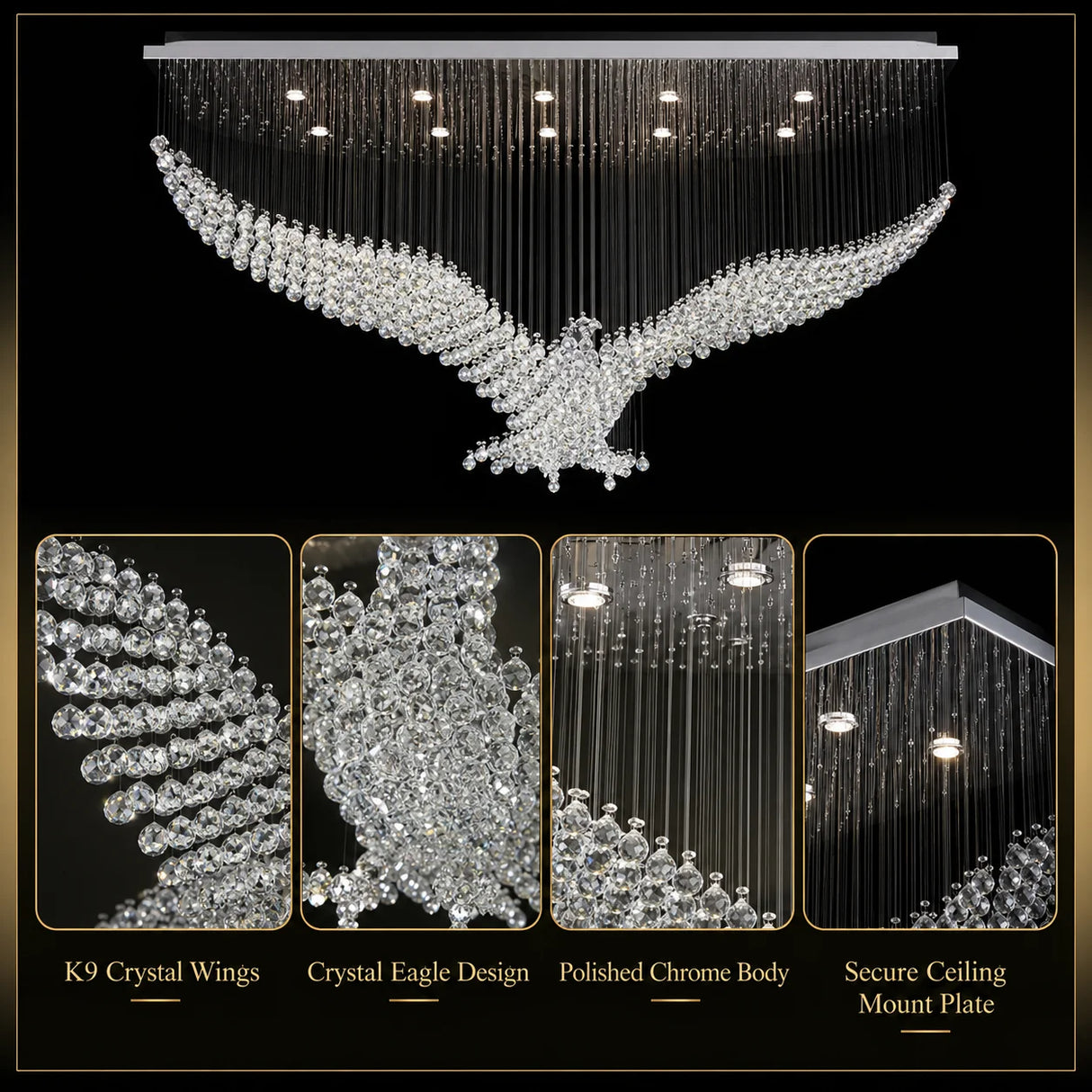 Modern Luxury Eagle Crystal Chandelier Large Pendant Ceiling Light for Living Room Villa Hotel Lobby Staircase Decor