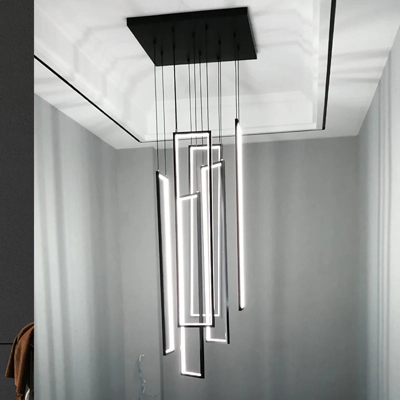 Large Modern Chandelier For Staircase Led Home Decors Hanging Lamp Black /Gold Indoor Lighting Luxury Creative Rectangle Luster's