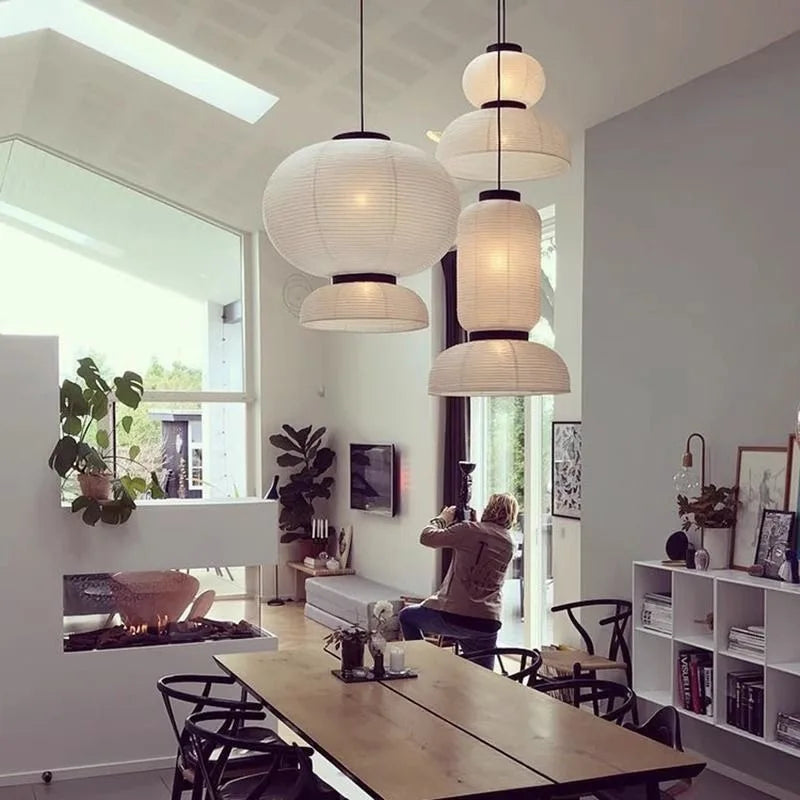 Japanese Wabi-Sabi Rice Paper LED Pendant Light - Organic White Paper Lantern Chandelier Fixture for Living Room Ceiling Decor