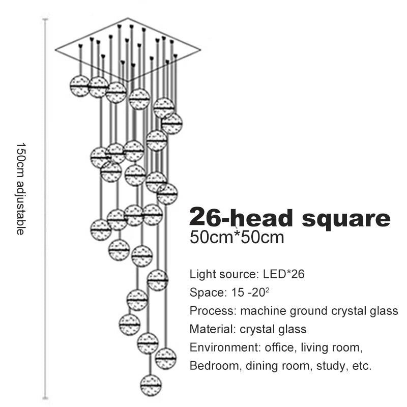 LED Villa Staircase Pendant Lights Long Cable Hanging crystal glass ball droplight for Restaurant Bar Indoor Decorative