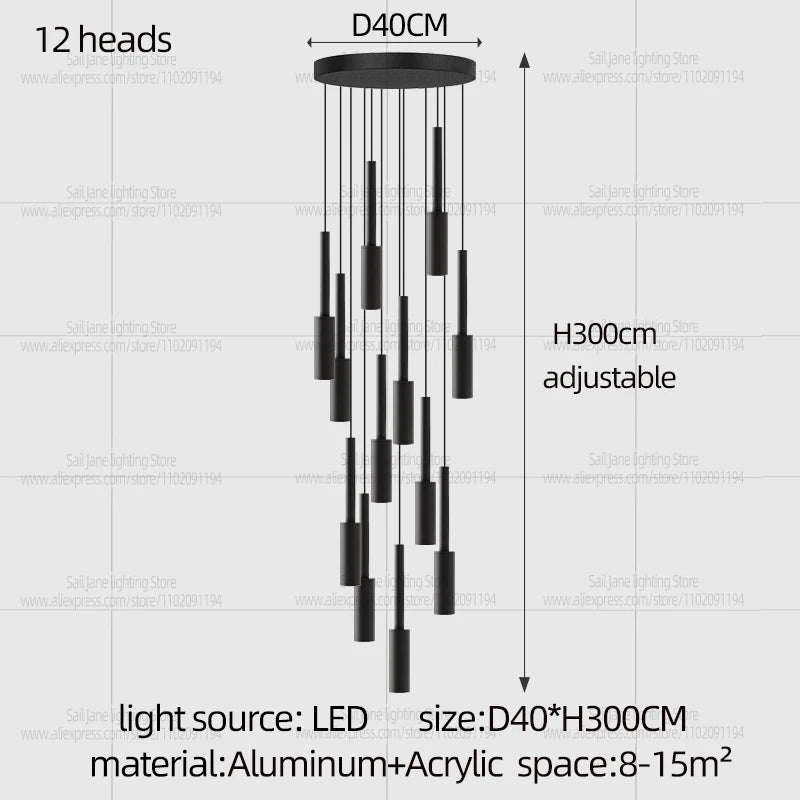 Cylindrical Pendant Light Long Line Attic Chandelier - Modern LED Villa Spotlight