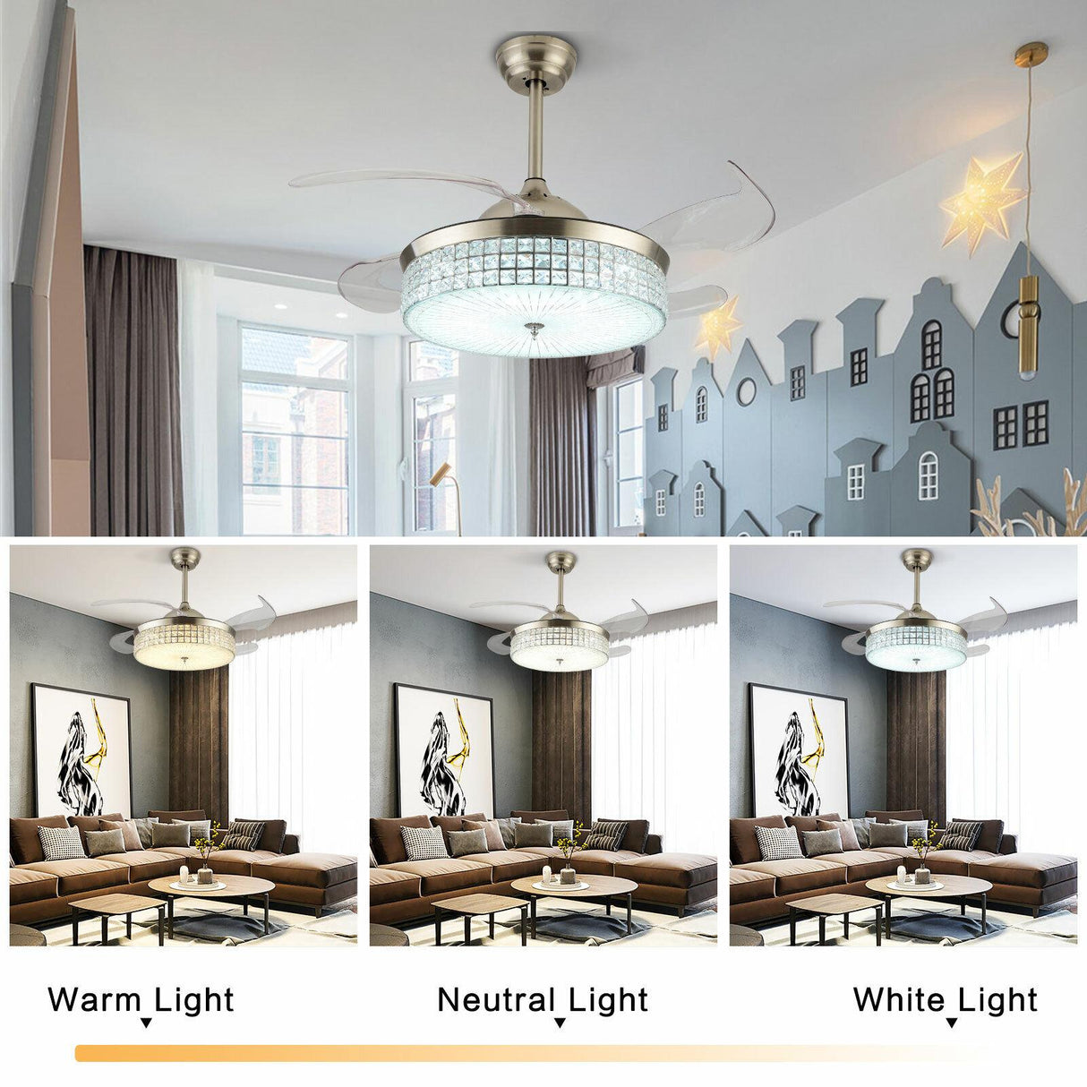 42" Retractable Ceiling Fan Light LED Invisible 3 Color Chandelier Lamp w/Remote Crystal Metal Ceiling Fan Light 107cm