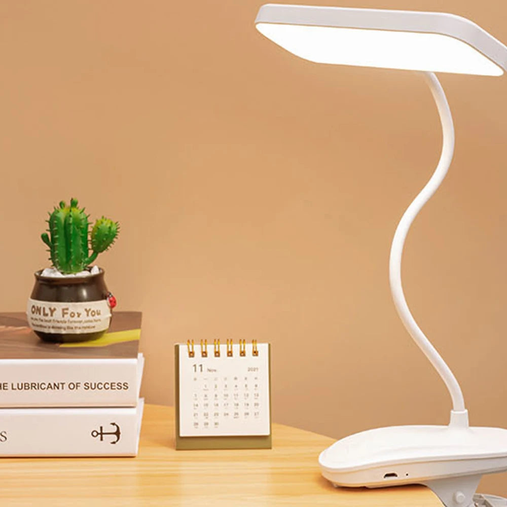 Flexible Table Lamp with Clip Step less Dimming Led Desk Lamp Rechargeable Bedside Night Light for Study Reading Office Work