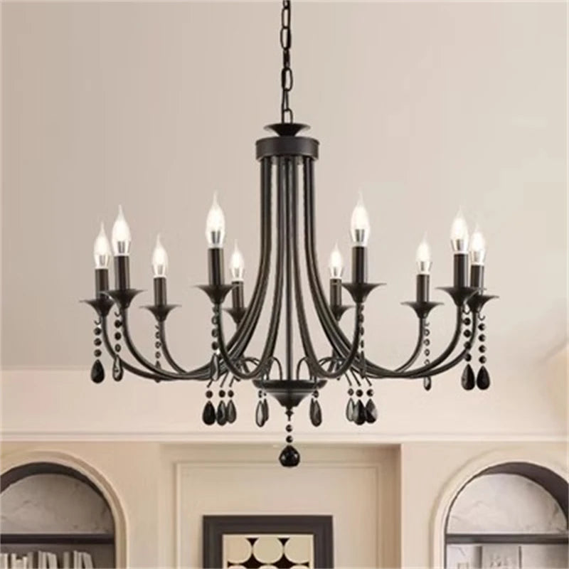 New Wrought Iron Crystal Chandelier European Classic Black Candle Lamp Modern Living Room Kitchen Dining Table Hanging Lamps
