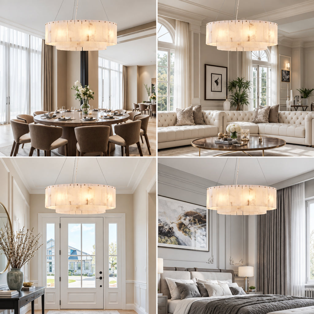 Modern Natural Marble Dimmable Pendant Light - Round Alabaster Ceiling Chandelier Fixture for Living Room & Dining Room