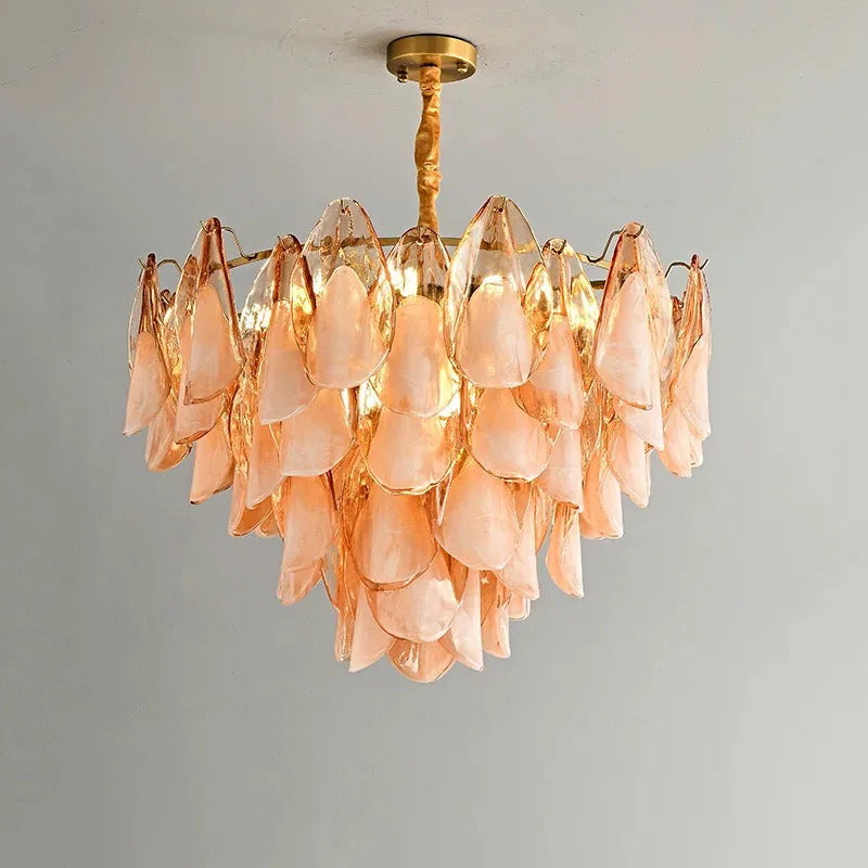 2025 New Designer Petal Shape Glass Chandelier Dimmable Stainless Steel Pendant Lamp Adjustable Ceiling Luster for Living Room