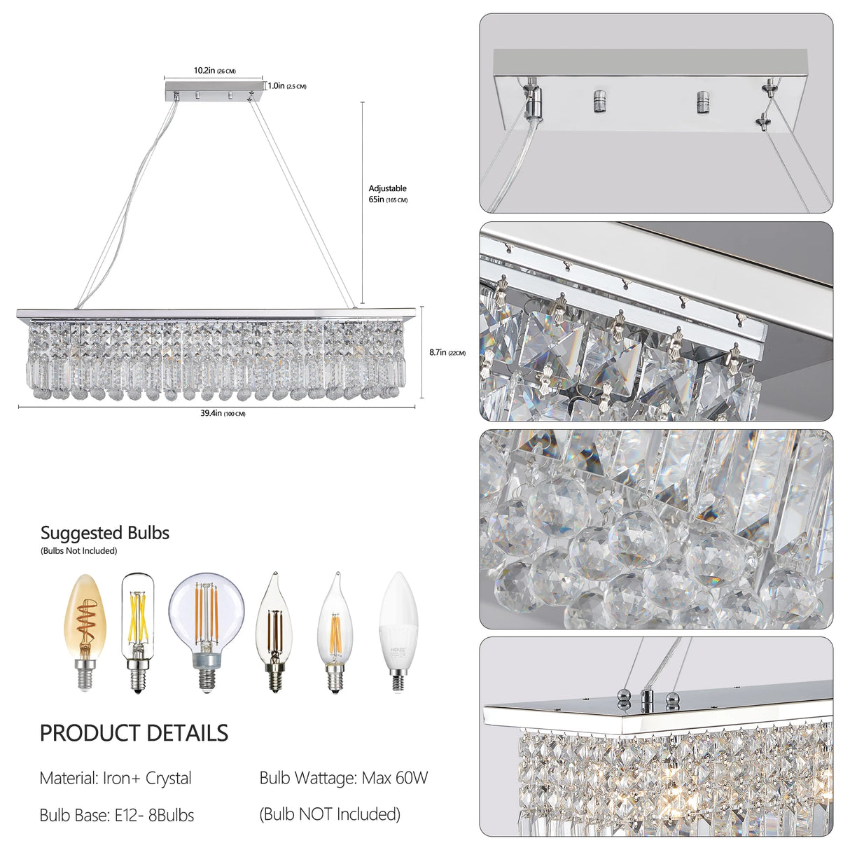 8-Light Modern Crystal Chandelier Chrome color Rectangle Chandelier Contemporary Pendant Light Fixture (Bulb Not Included)