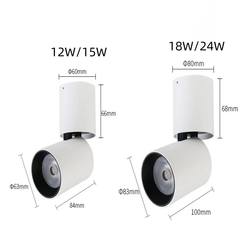 LED ceiling-mounted adjustable downlight for home and commercial lighting. Foldable, rotates 90°, 355°. Ceiling-mounted