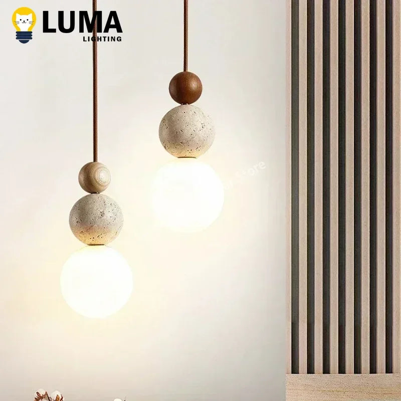 Yellow Travertine Pendant Light - Modern Cream Style Stone & Wood Hanging Lamp