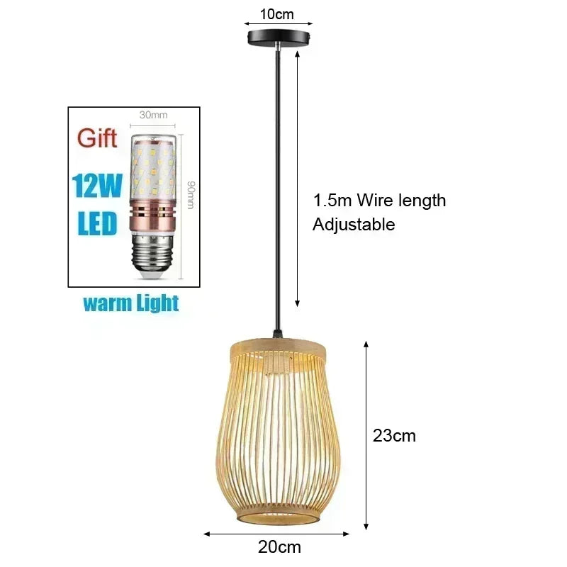 Handmade Vintage Pendant Lamp Bamboo Restaurant Café Chandeliers Wood Base E27 Bulb Lighting Hotel Bedroom Interior Classical