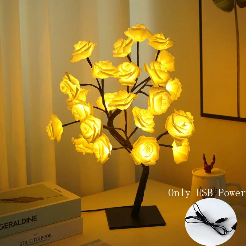Novelty 24 LED Rose Flower Tree Lights USB Table Lamp Fairy Night Lamp Home Party Christmas Wedding Bedroom Decoration Gift