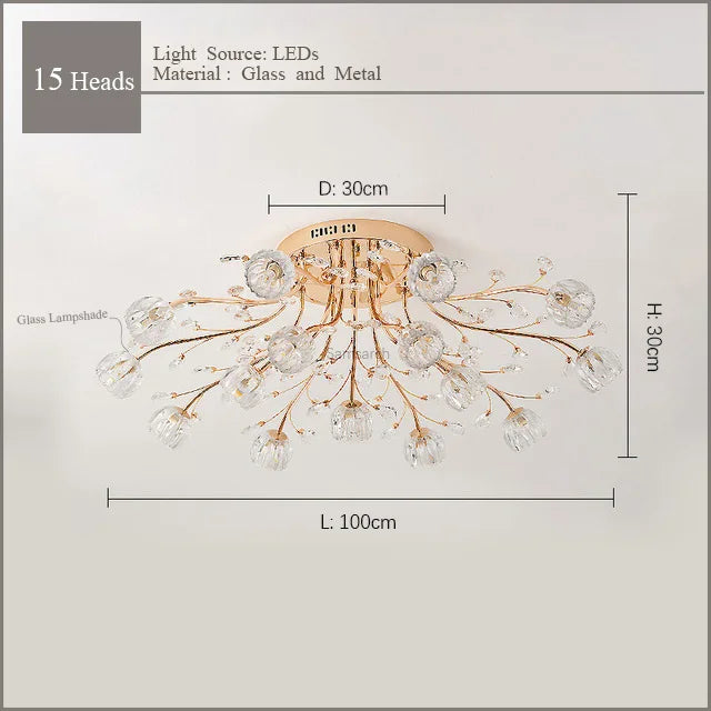 Nordic Luxury Dendritic Crystal Ceiling Lamp Glass Flower Light Shade Bedroom Restaurant Living Room LED Chandelier Bright Decors
