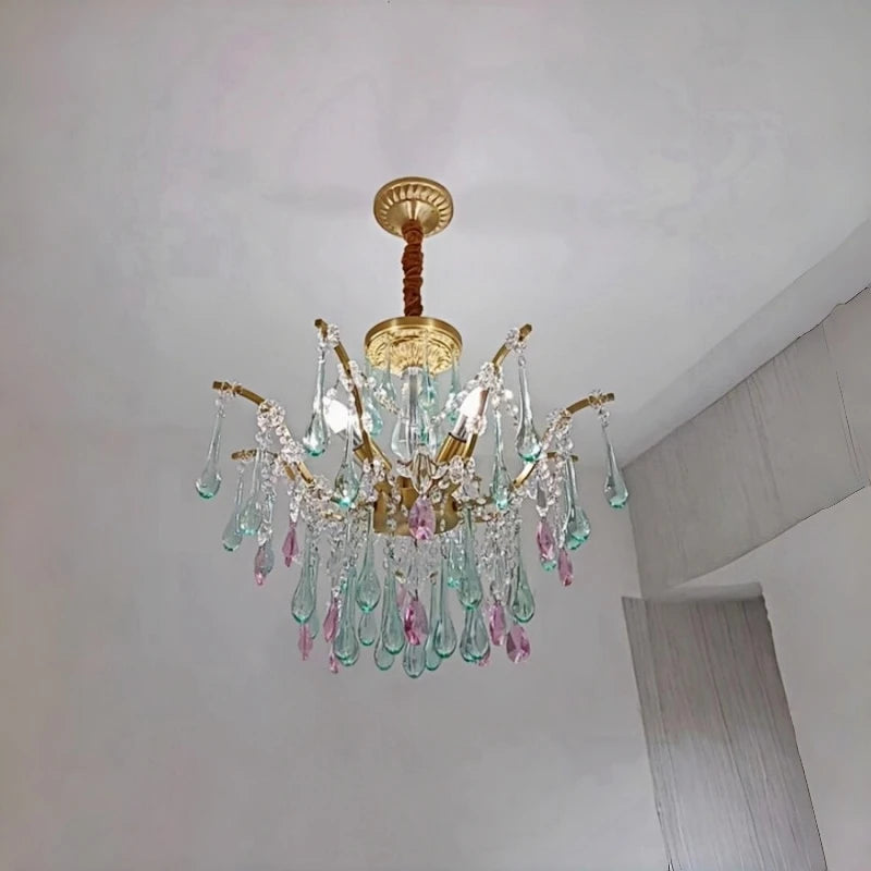 French Style Romantic Pink Green Crystal Pendant Lamp Colored Glass Full Copper/Iron Led Ceiling Light Living Room Bedroom Study