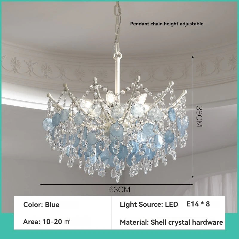French K9 Crystal Chandelier Luxury Vintage Blue/White Natural Shell Pendant Light for Romantic Villa Living Dining Room Bedroom