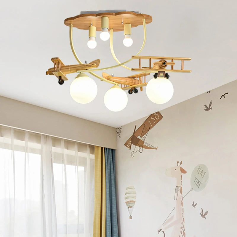 Wooden Plane Lamp Creative Airplane Chandelier Light for Nursery Room Children's Bedroom Ceiling Lights for Boy Kids LED E27