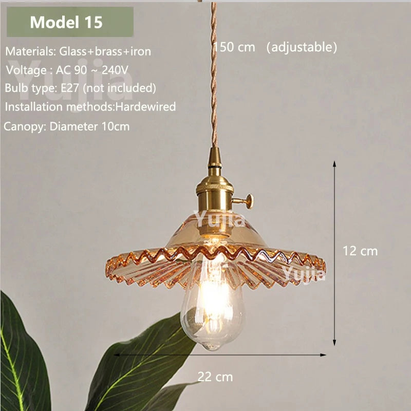 Vintage Amber Glass Pendant Light - Retro Brass Adjustable Hanging Hanging Lamp