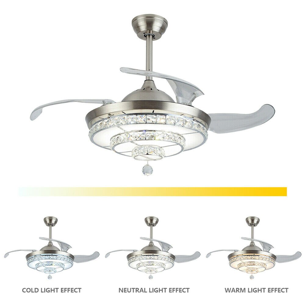Ceiling Fan Modern LED Crystal Chandelier Bedroom 3 Color Light with Remote Control 36w