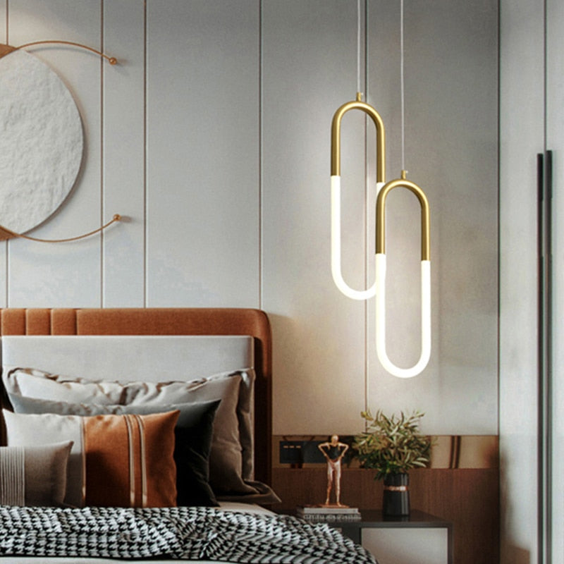 Brass Nordic bedside Long-line hanging lamp Modern creative U-shaped tube 360 degree LED pendant lights