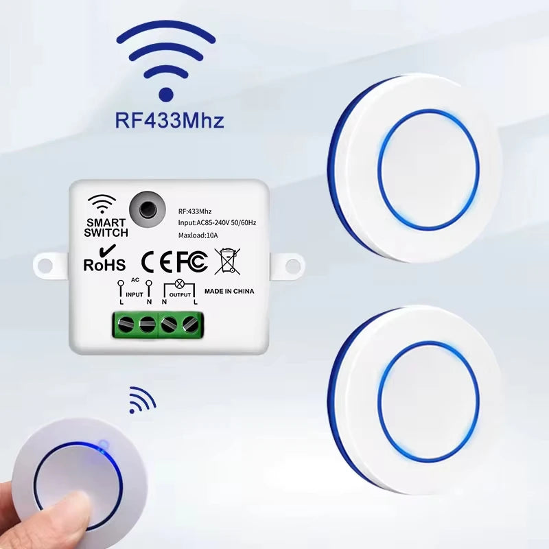 Wireless RF 433MHz Light Switch Kit - 10A Relay Receiver & Mini Wall Button