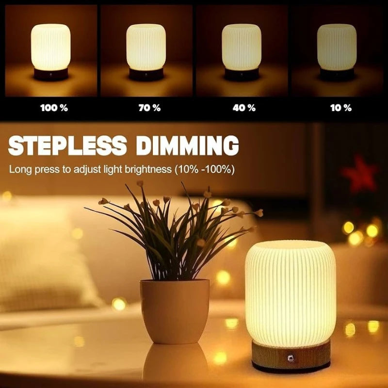 Wood Grain Touch Bedside Lamp - Wireless Portable Night Light for Bedroom