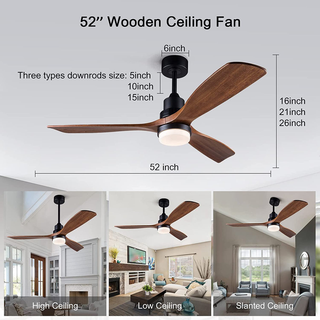Industrial Ceiling Fans with Lights Remote Control Indoor Outdoor Wood Ceiling Fan with 3 Blade for Patio Living Room Bedroom