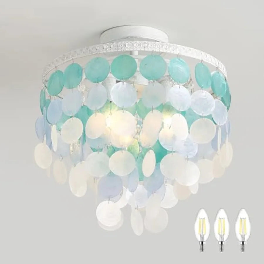 13.8" Natural Capiz Shell Chandelier 3 Light Mi Chandelier Boho Ceilg Light Entryway Light Fixture for Girls' Bedroom Hallway L