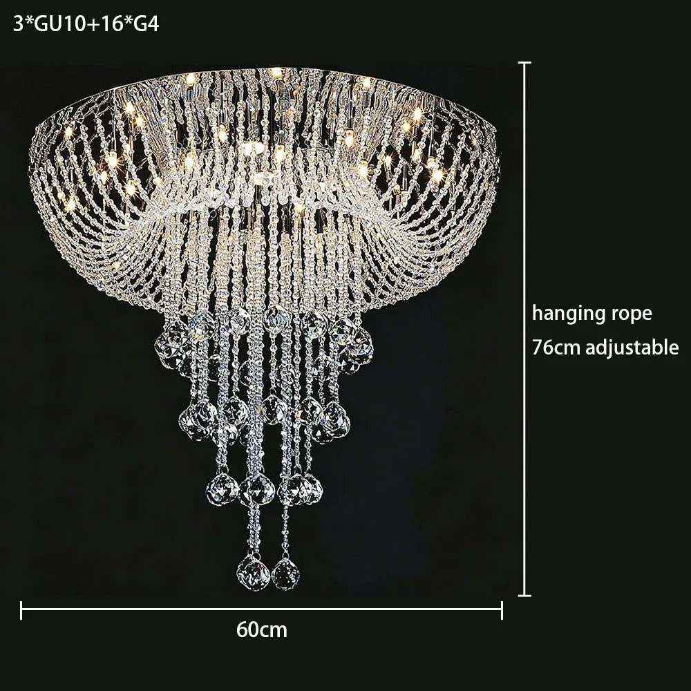 Luxury Long Tassel Crystal Flush Mount Chandelier LED Ceiling Light For Villa Duplex Staircase High Ceiling Living Room Foyer