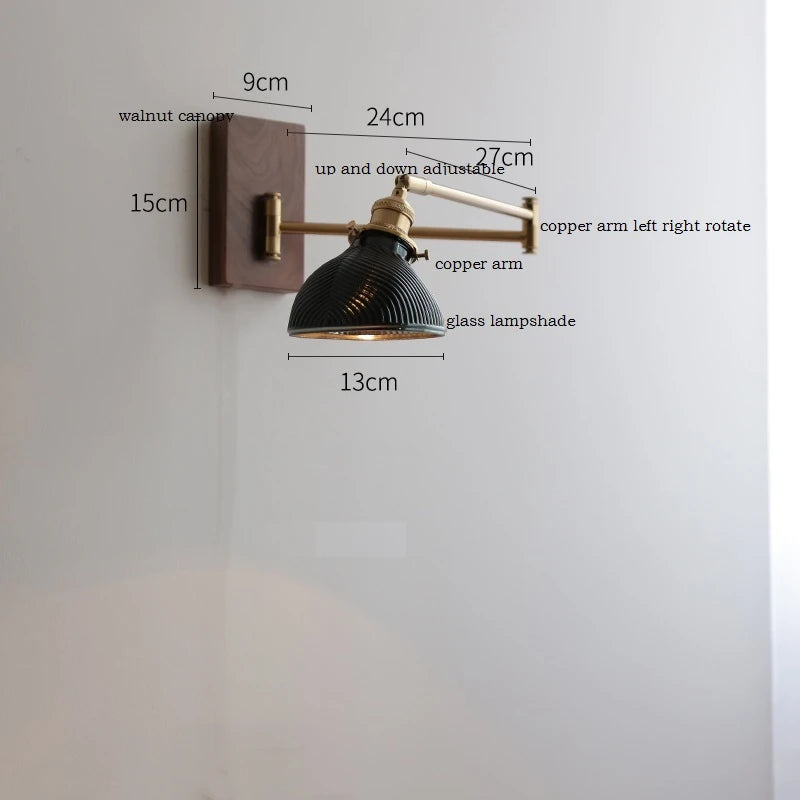 IWHD Pull Chain Switch LED Wall Lamp Beside Bedroom Living Room Light Arm Left Right rotate Wood Canopy Applique Murals Sconce