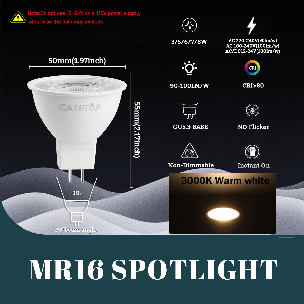 20-Pack MR16 LED Spotlights - GU5.3 12V / 110V / 220V Bi-Pin Bulbs