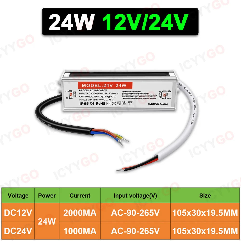 12W 24W 36W 60W IP68 Waterproof Power Supply Transformer For Outdoor Lighting, AC90-265V to 12V/24V Waterproof LED Driver