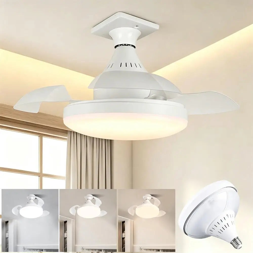 Modern LED Hidden Fan Light with Invisible Blades (E27 Socket Base) - Dimmable 3-Speed Ceiling Fan Light Fixture for Bedroom, Dining Room & Small Spaces