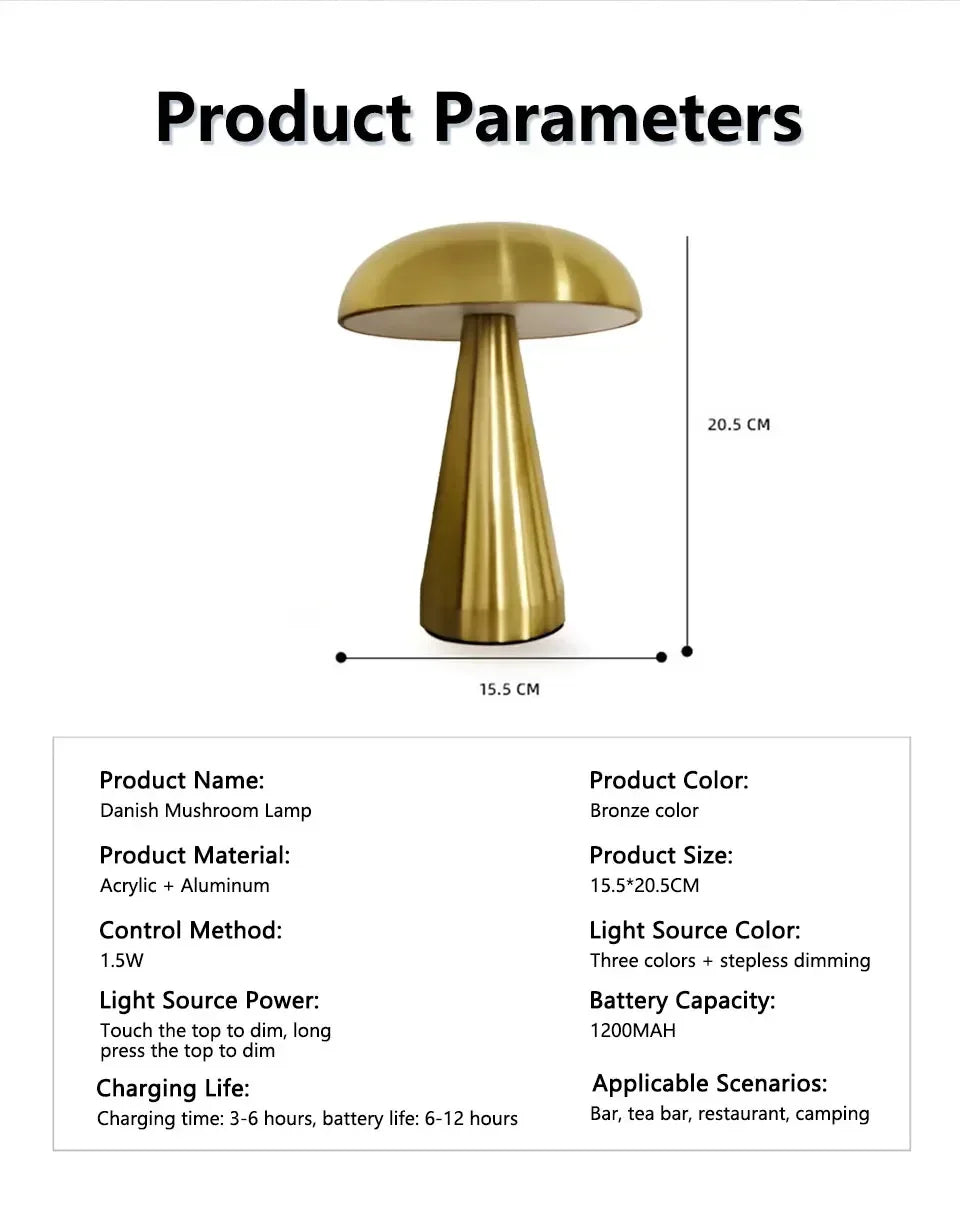 Retro Mushroom LED Night Light Touch Sensor Rechargeable Desk Lamp for Bedroom Restaurant Bar Decor Reading Lighting